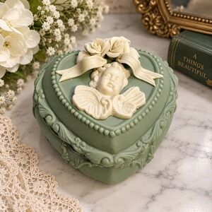 Vintage Style Sage Green Heart Cherub Trinket Box Roses Angel Jewelry Case Cameo